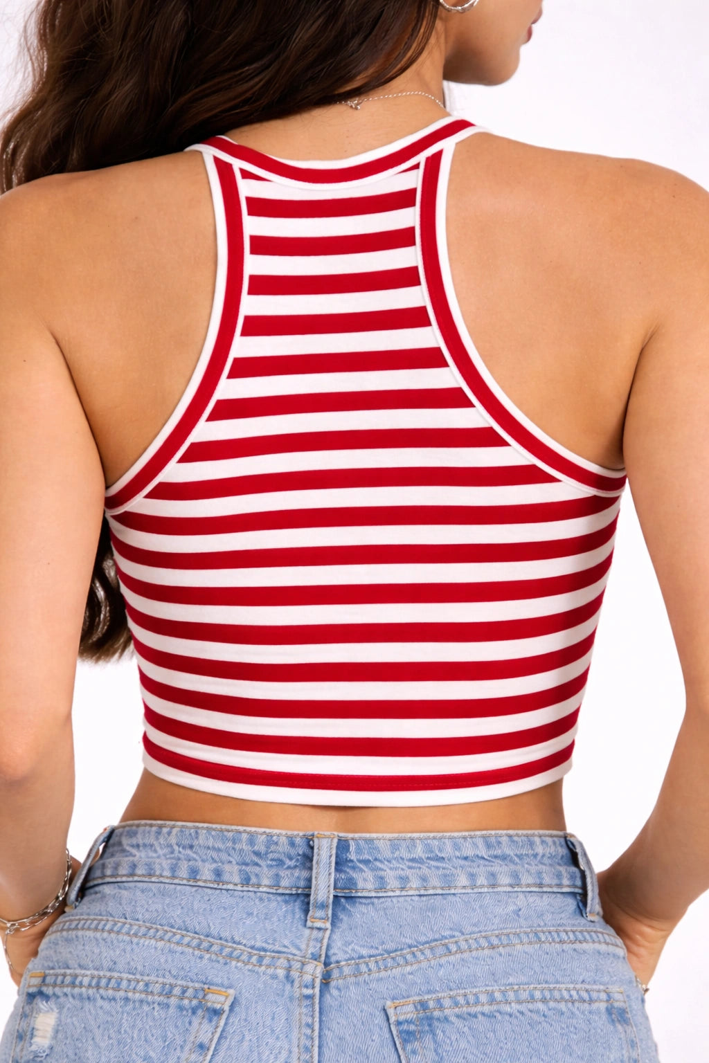 Red & White Striped High-Neck Crop Tank Top (Women)
