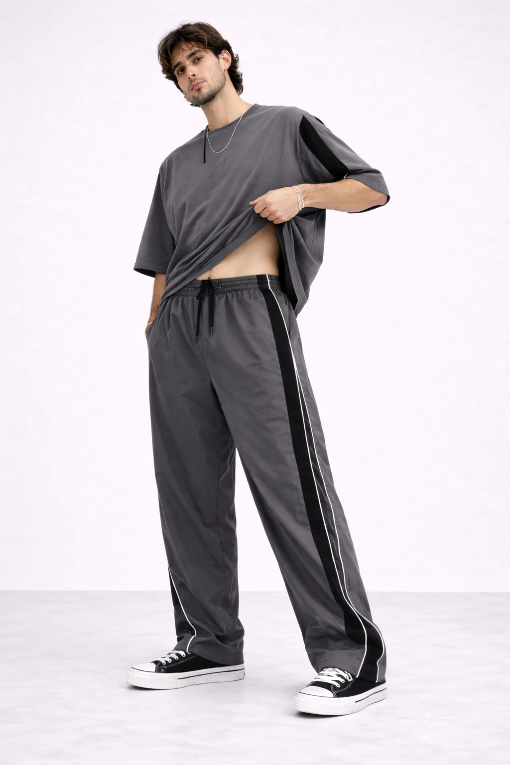 Charcoal Grey Side-Stripe Relaxed Fit Joggers