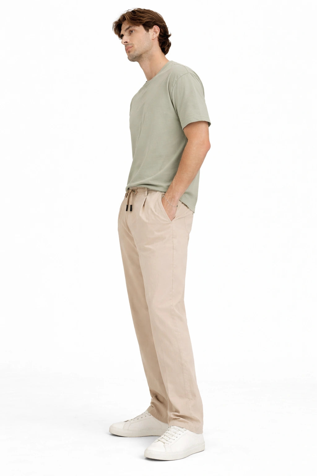 Beige Relaxed Drawstring Trousers