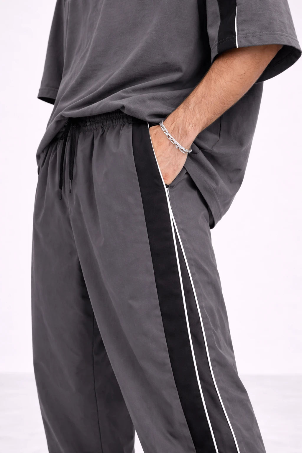 Charcoal Grey Side-Stripe Relaxed Fit Joggers