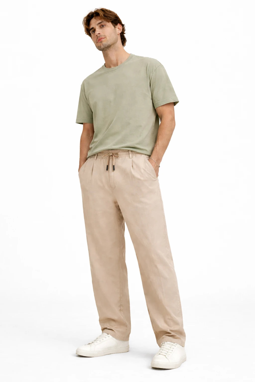 Beige Straight Fit Casual Joggers with Drawstring Waist