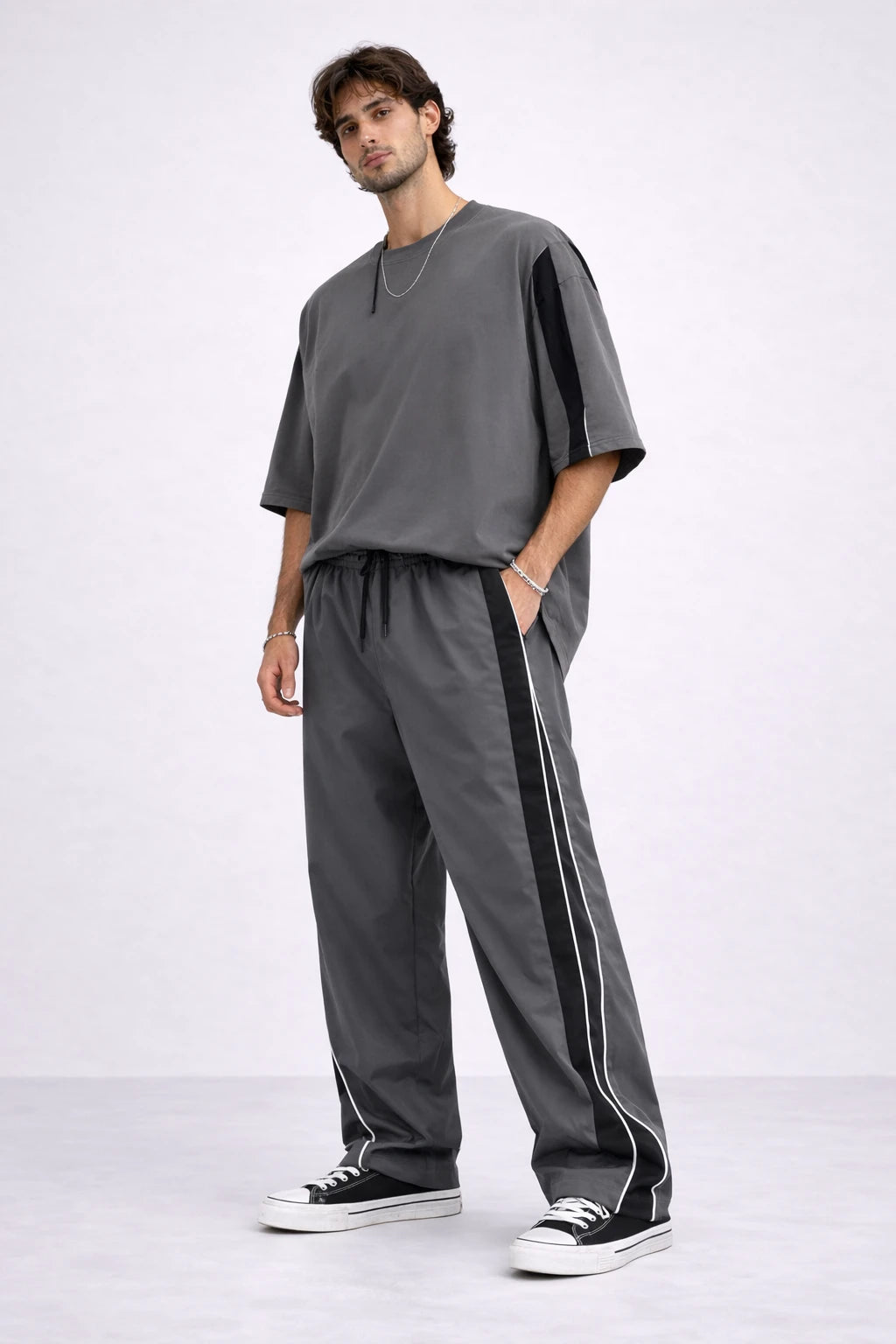 Charcoal Grey Side-Stripe Relaxed Fit Joggers