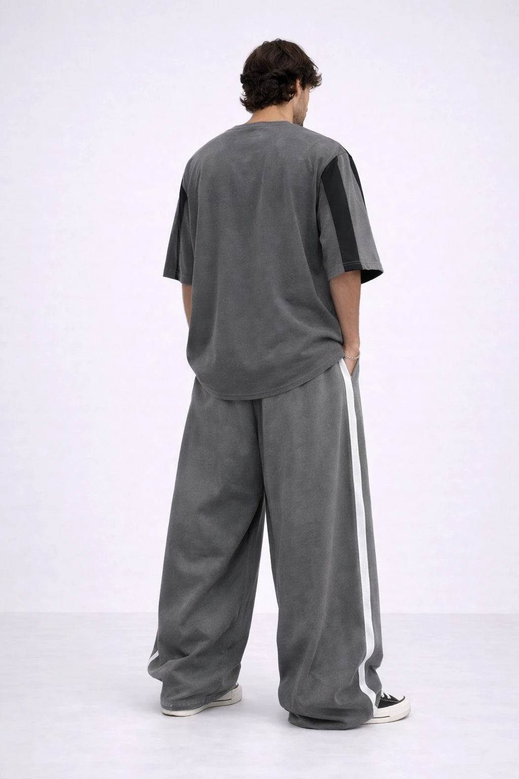 Grey Oversized Joggers with Side Stripe & Rope Drawstring