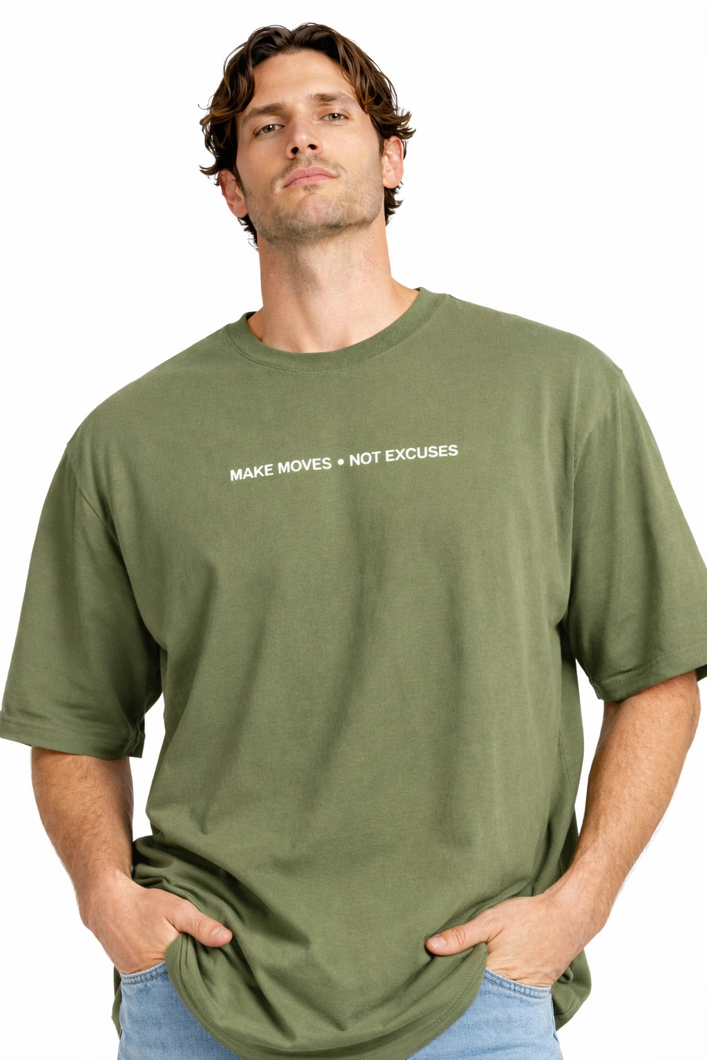 Unisex Motiv Oversized Tee – Olive / No Excuses Edition